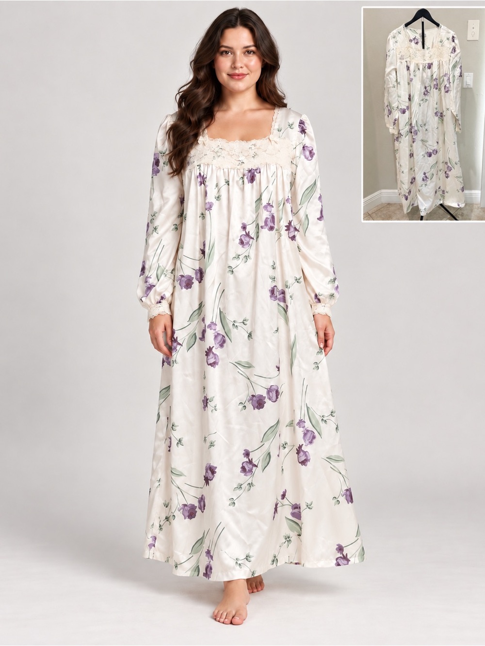 Vintage 90s Erika Taylor II Floral Ivory Satin Nightgown Vintage Lingerie